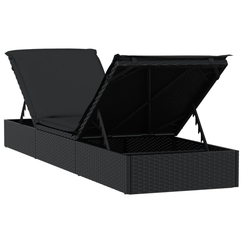 Sun lounger with black cushion 201x55x62 cm PE wicker
