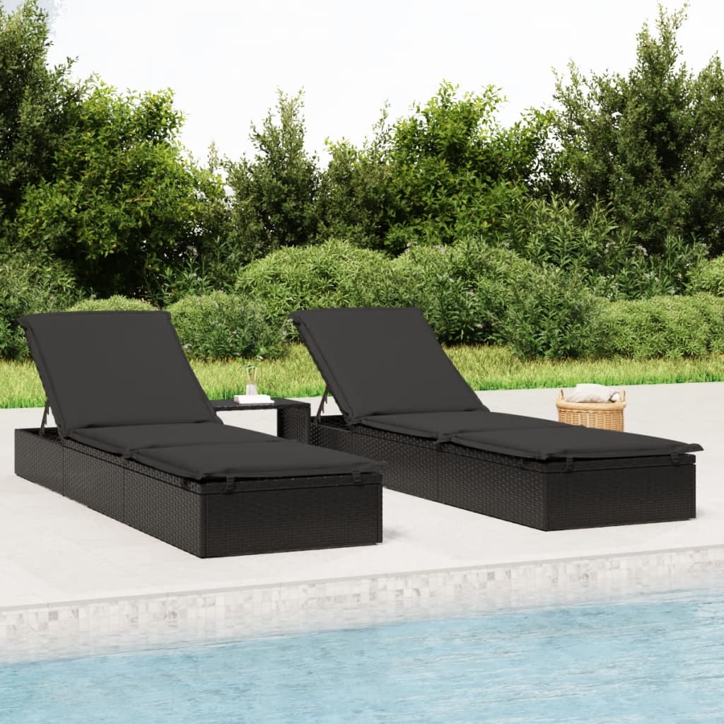 Sun lounger with black cushion 201x55x62 cm PE wicker
