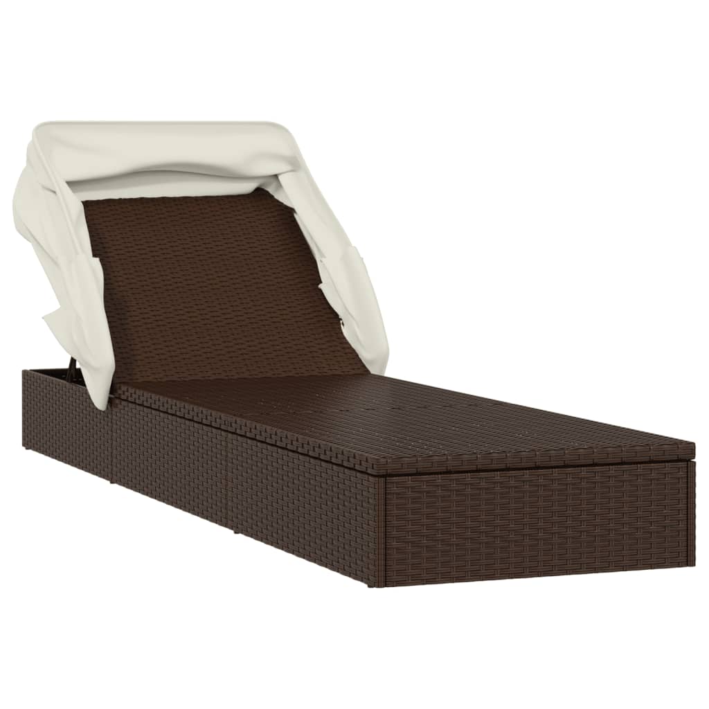 Sun lounger with folding roof 213x63x97 cm PE wicker brown