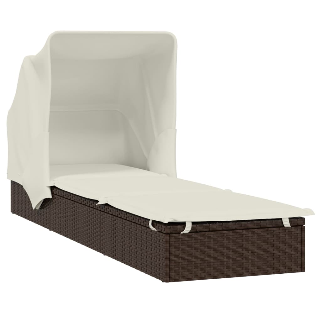 Sun lounger with folding roof 213x63x97 cm PE wicker brown
