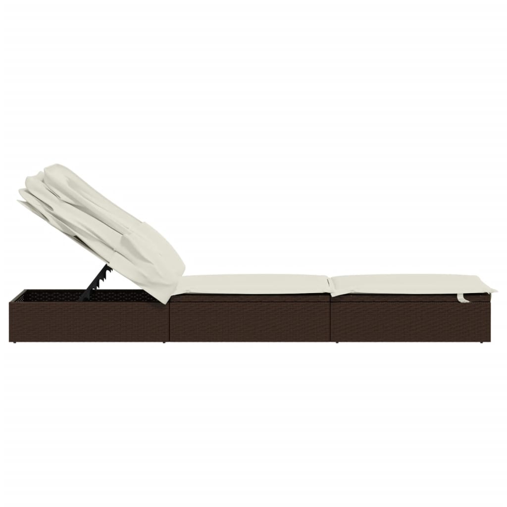 Sun lounger with folding roof 213x63x97 cm PE wicker brown