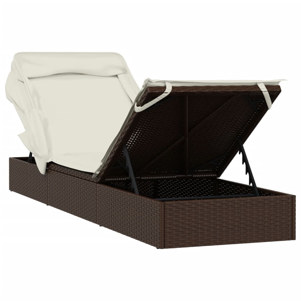 Sun lounger with folding roof 213x63x97 cm PE wicker brown
