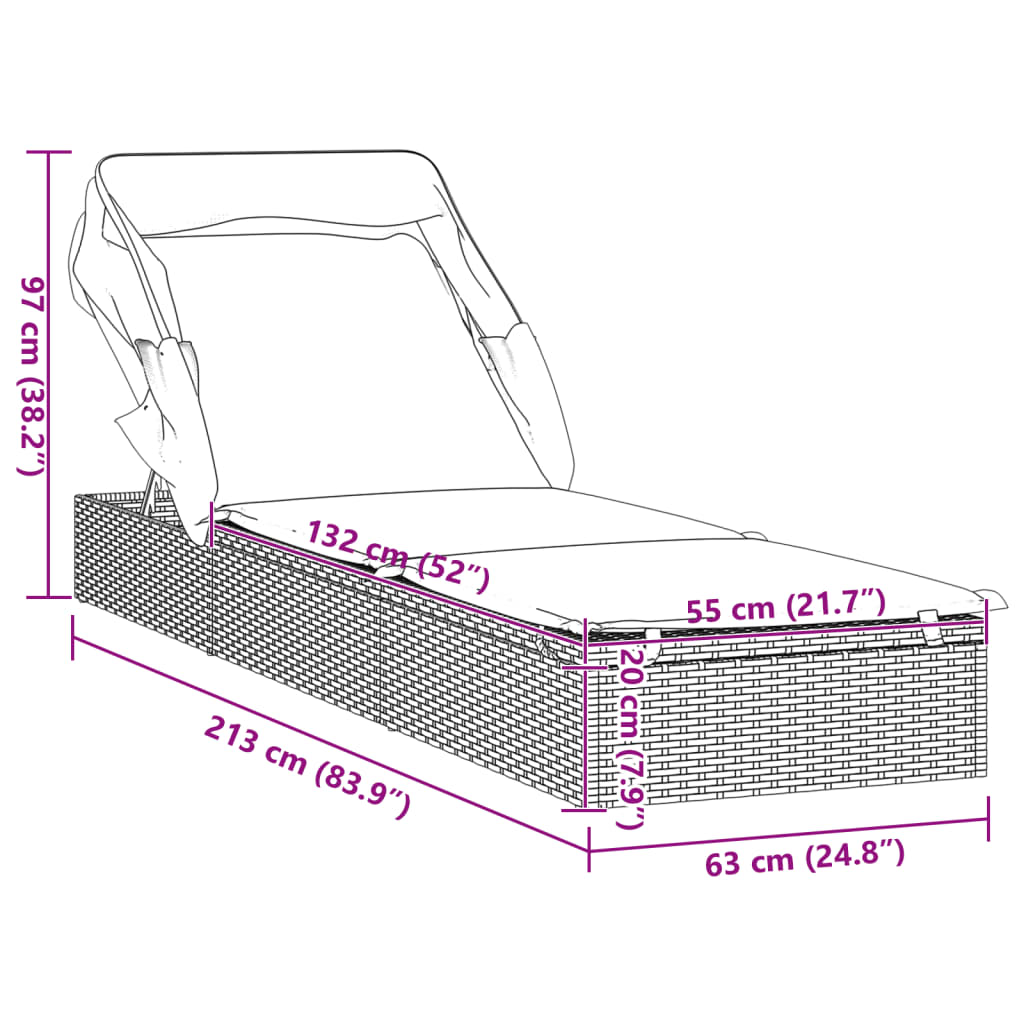 Sun lounger with folding roof 213x63x97 cm PE wicker brown