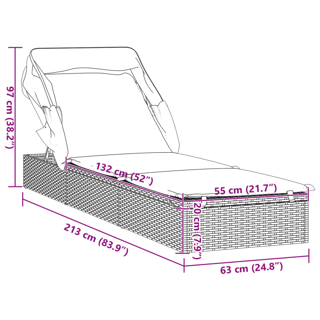 Sun lounger with folding roof 213x63x97 cm black PE wicker
