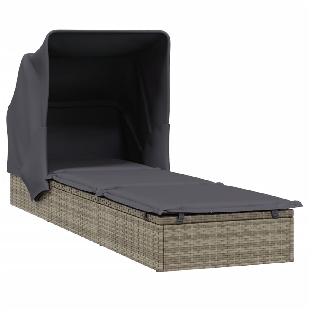 Sun lounger with folding roof 213x63x97 cm PE wicker grey