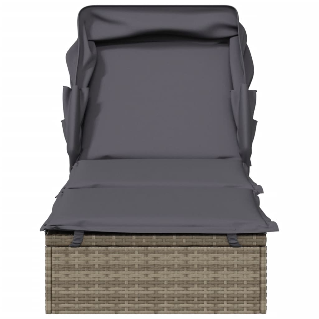 Sun lounger with folding roof 213x63x97 cm PE wicker grey
