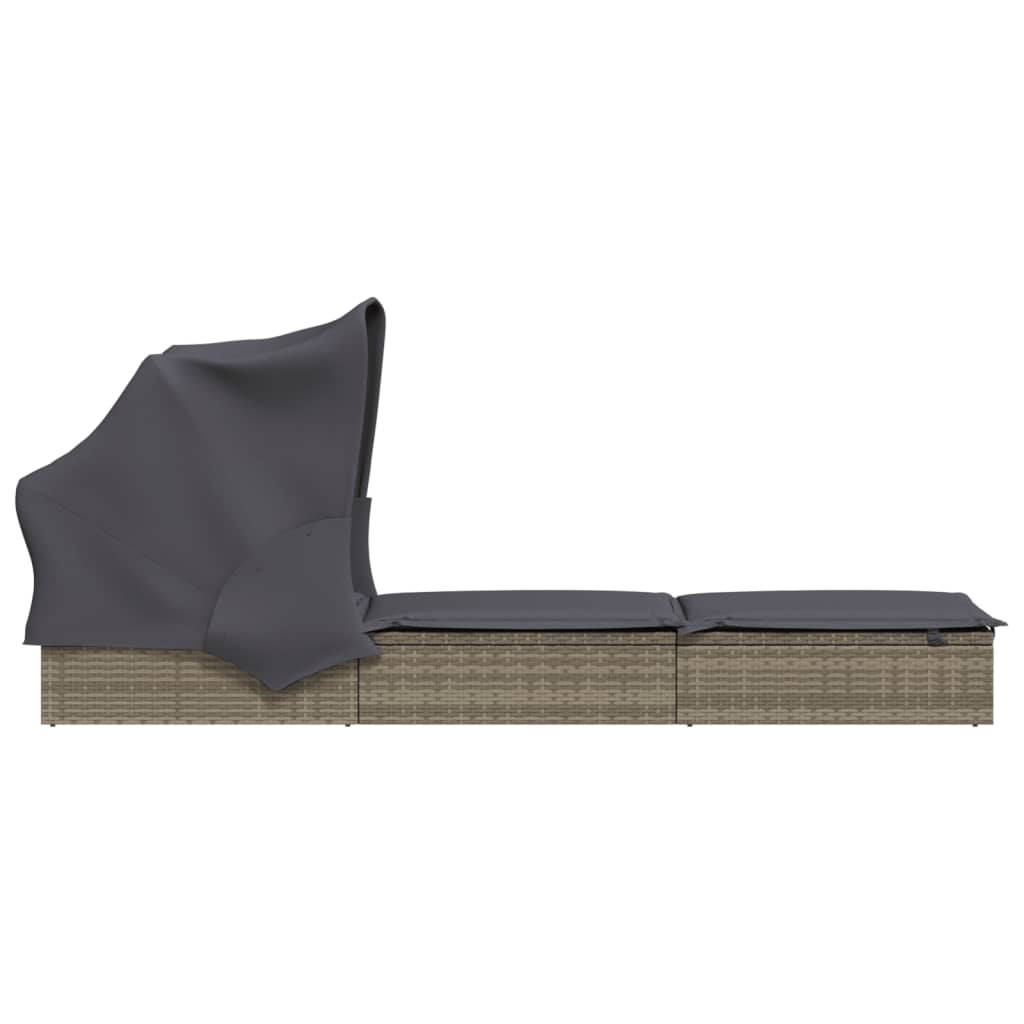 Sun lounger with folding roof 213x63x97 cm PE wicker grey