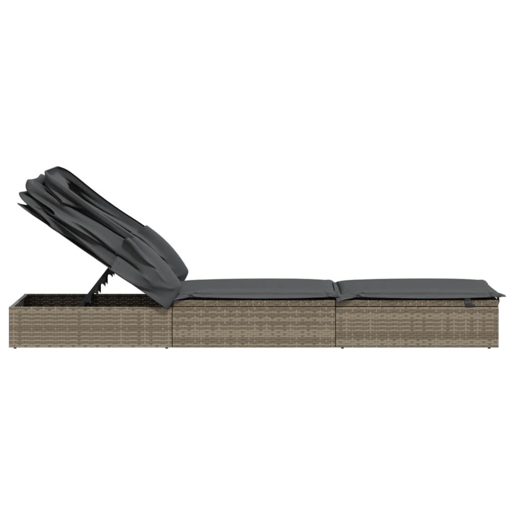 Sun lounger with folding roof 213x63x97 cm PE wicker grey