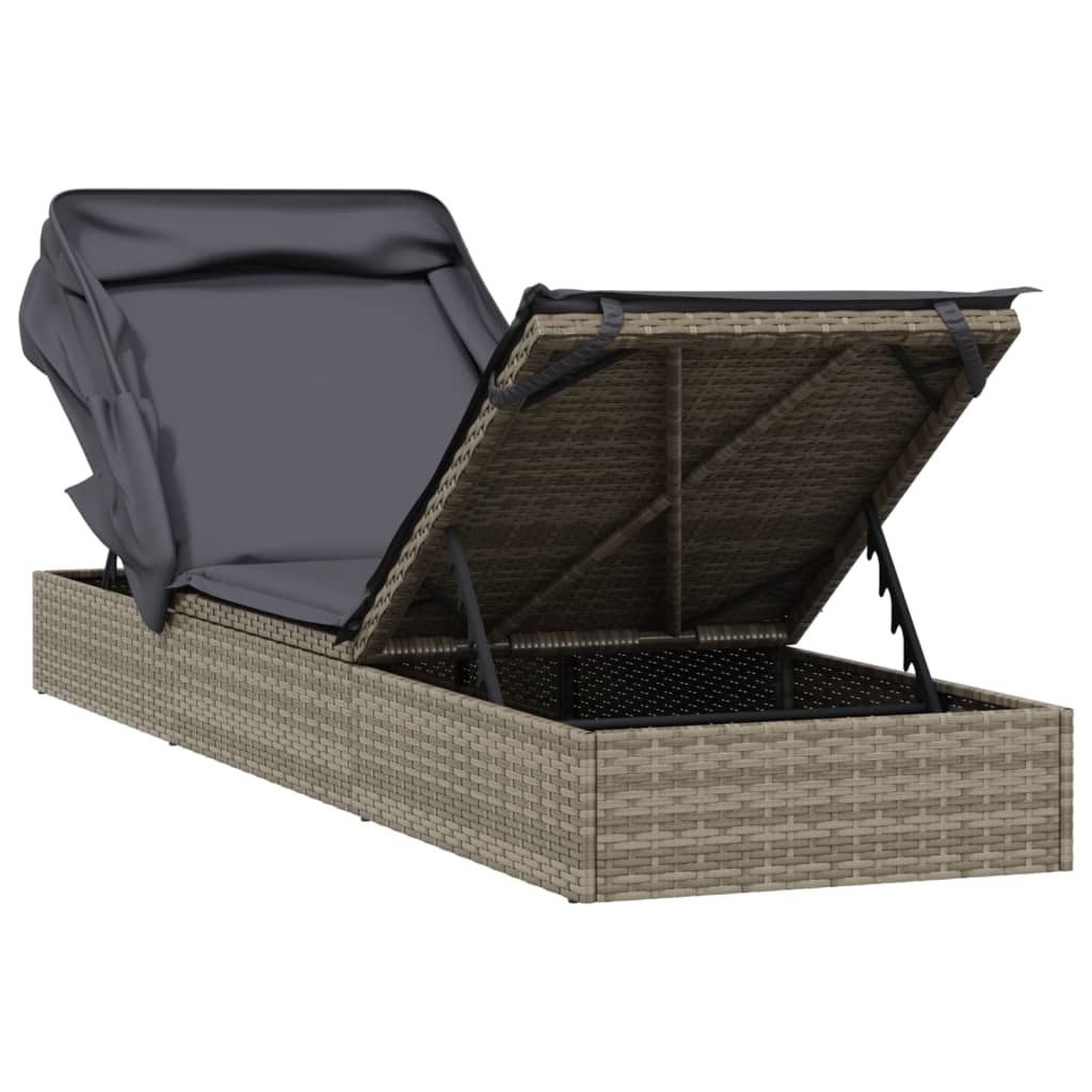 Sun lounger with folding roof 213x63x97 cm PE wicker grey