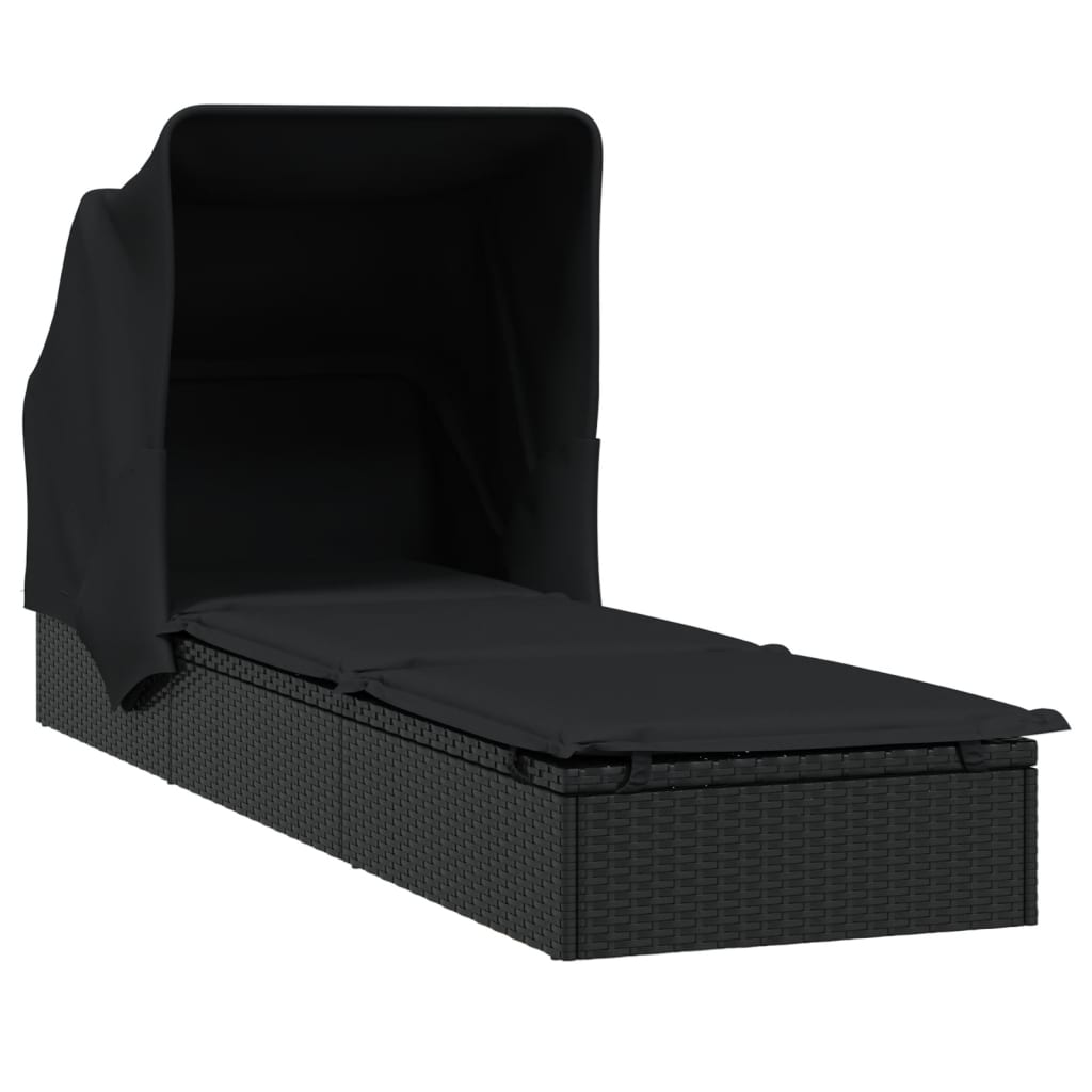 Sun lounger with folding roof 213x63x97 cm black PE wicker