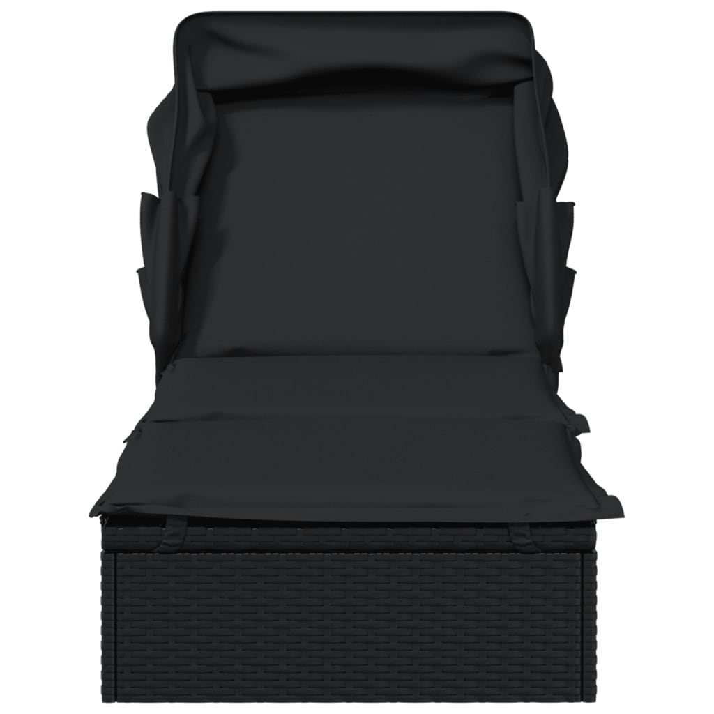 Sun lounger with folding roof 213x63x97 cm black PE wicker