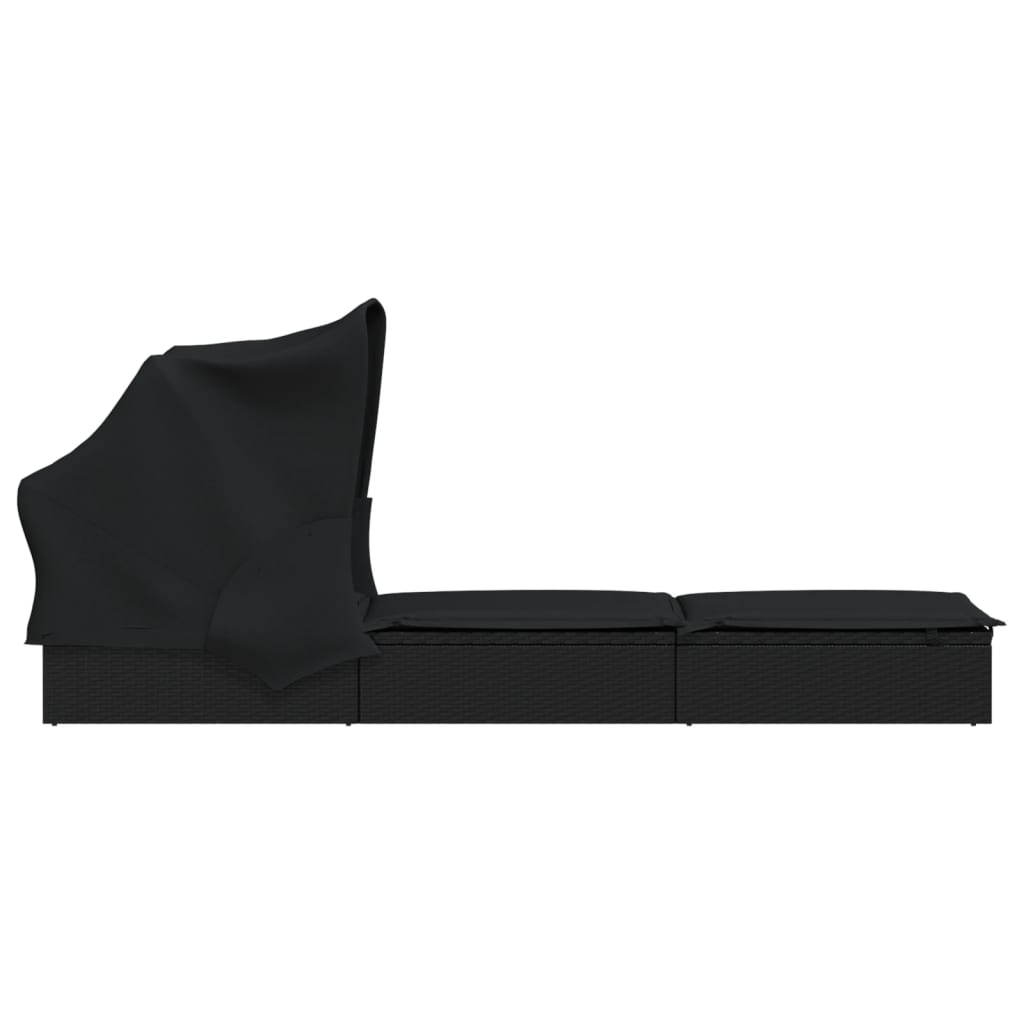 Sun lounger with folding roof 213x63x97 cm black PE wicker