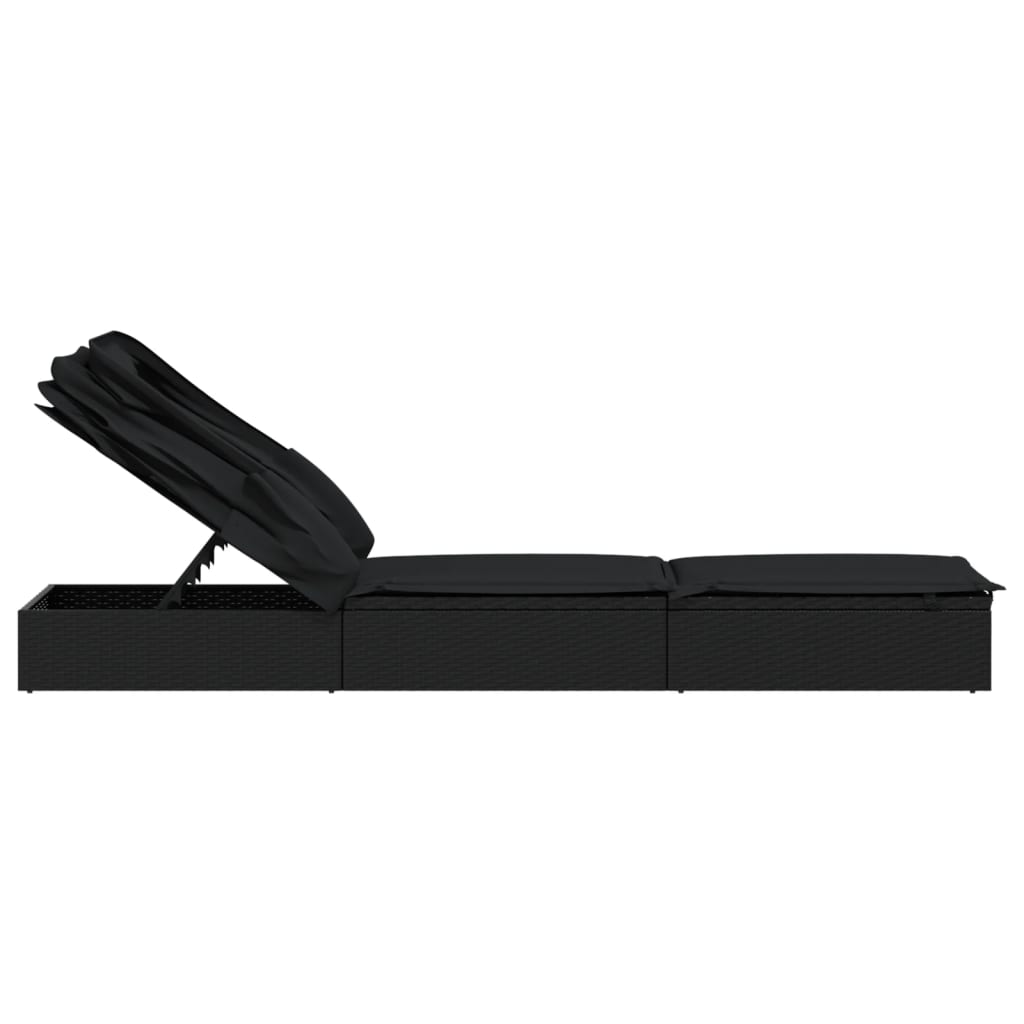 Sun lounger with folding roof 213x63x97 cm black PE wicker