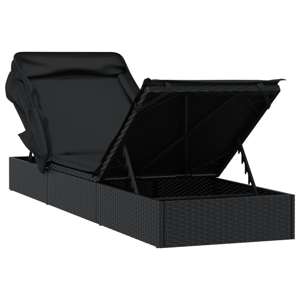 Sun lounger with folding roof 213x63x97 cm black PE wicker