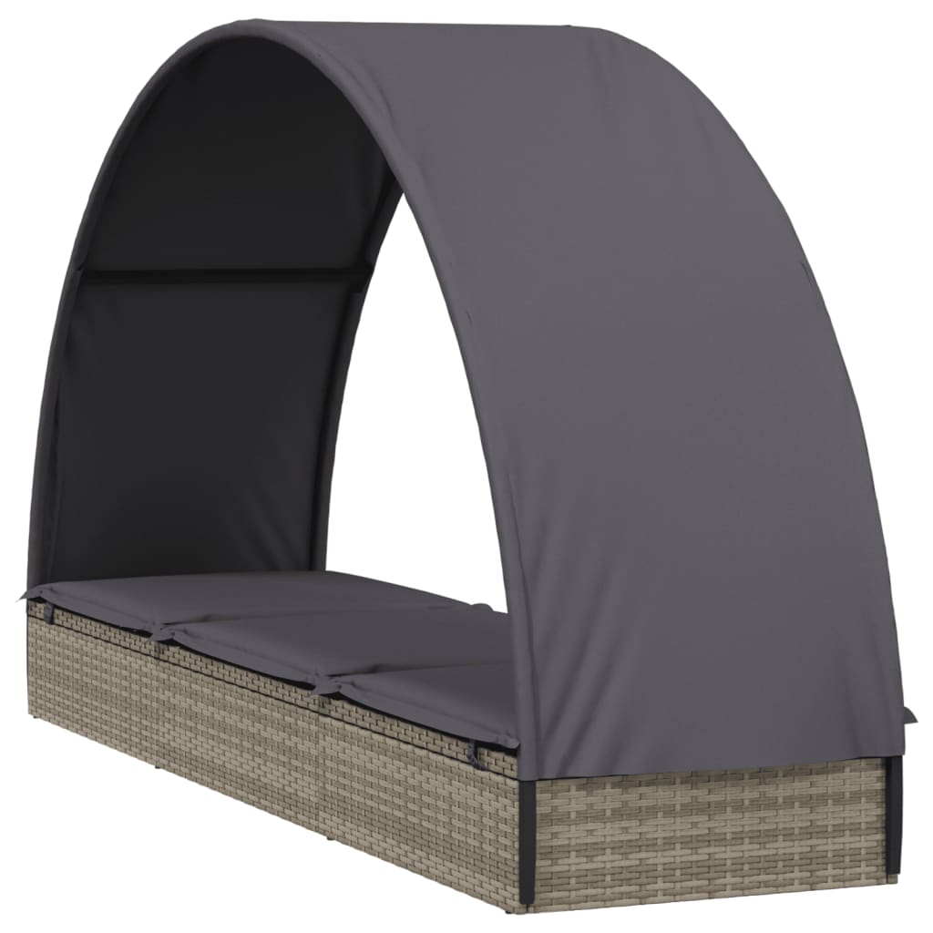 Sun lounger with round roof 211x57x140 cm PE wicker grey