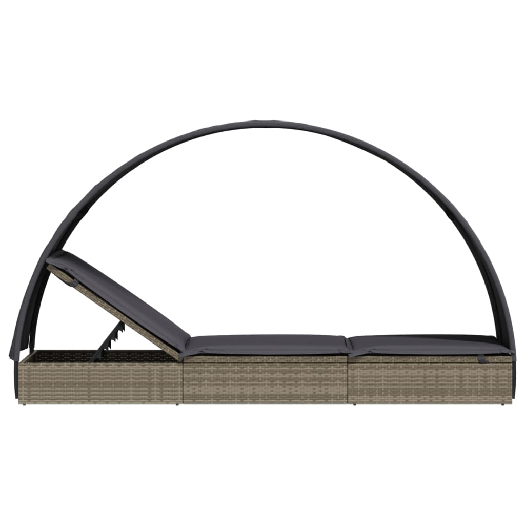 Sun lounger with round roof 211x57x140 cm PE wicker grey
