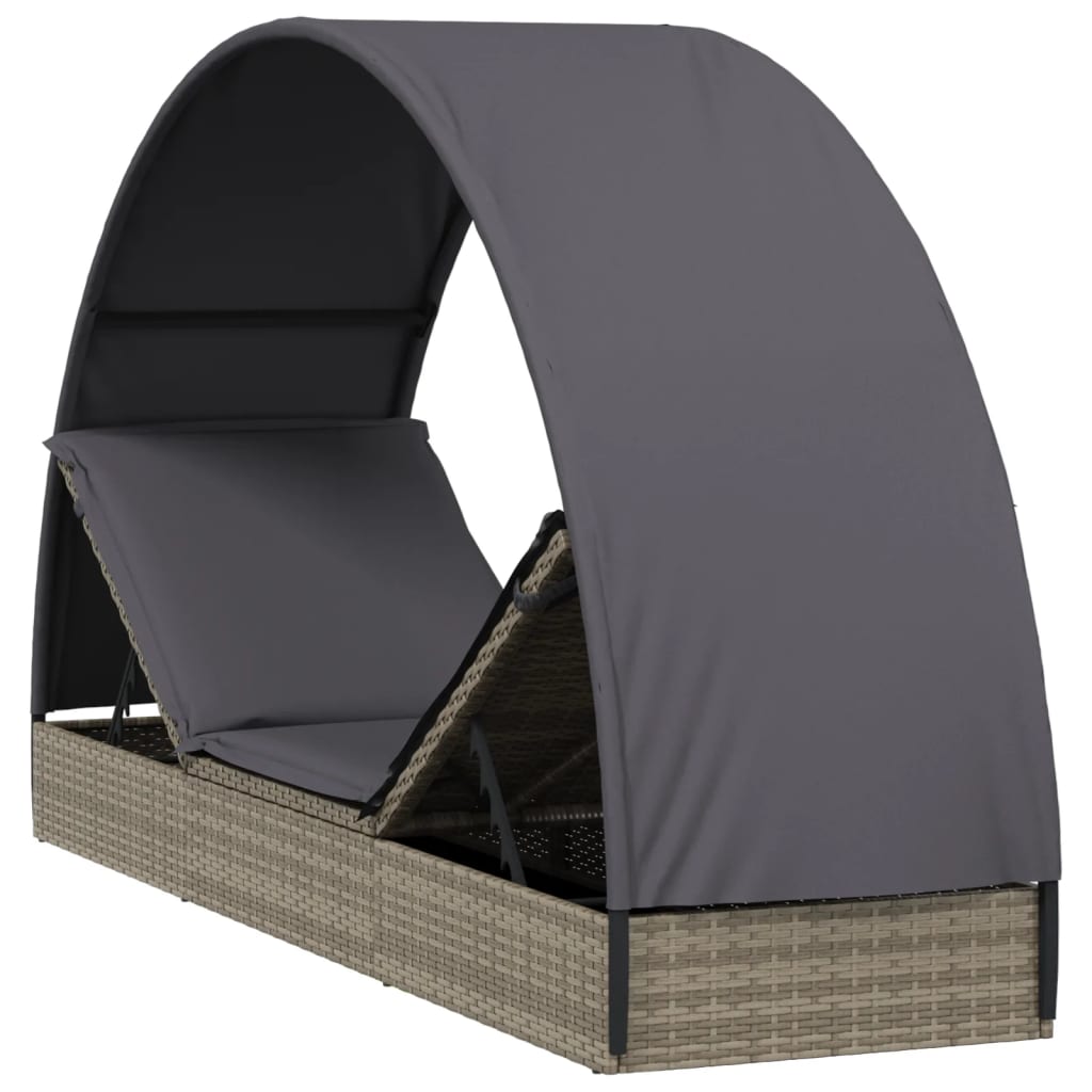 Sun lounger with round roof 211x57x140 cm PE wicker grey