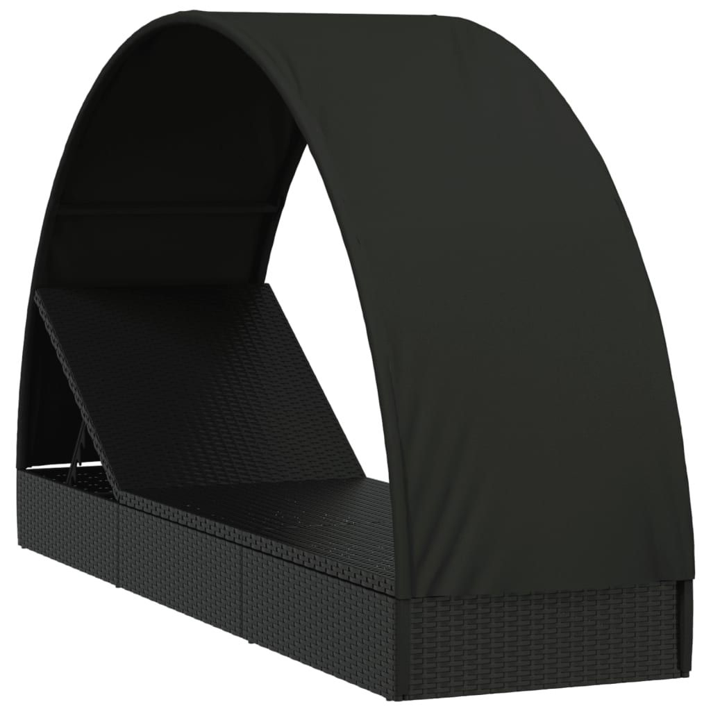 Sun lounger with round roof 211x57x140 cm black PE wicker