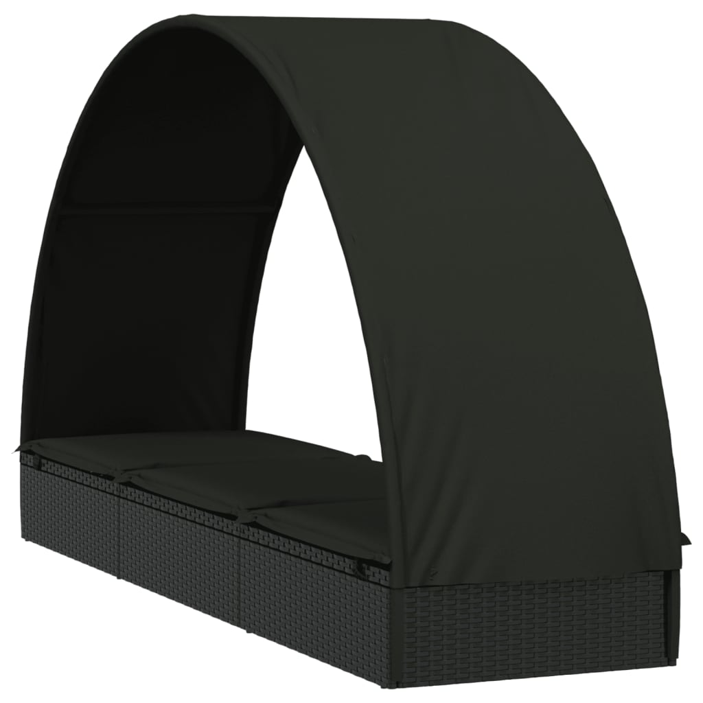 Sun lounger with round roof 211x57x140 cm black PE wicker