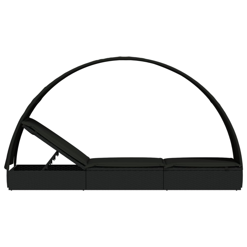 Sun lounger with round roof 211x57x140 cm black PE wicker