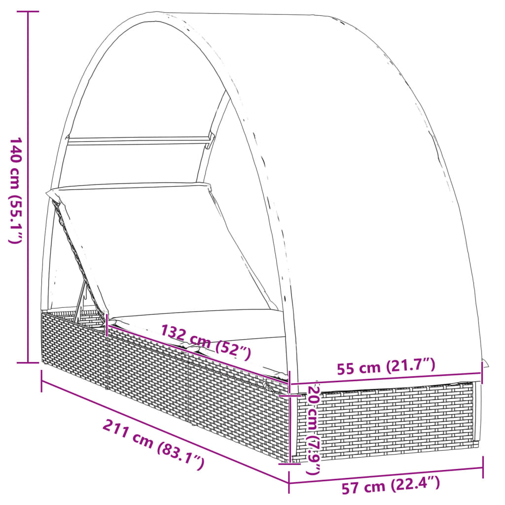 Sun lounger with round roof 211x57x140 cm black PE wicker