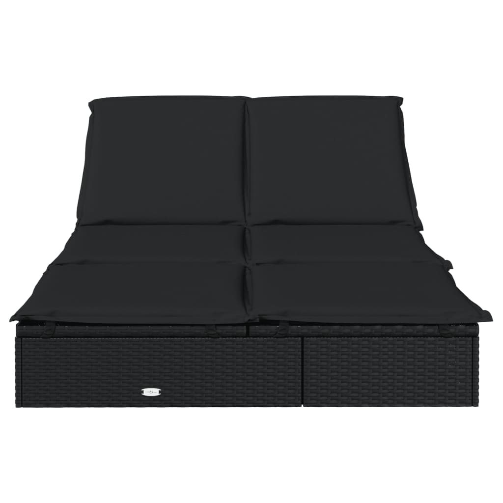 2-person sun lounger with cushions in black poly rattan