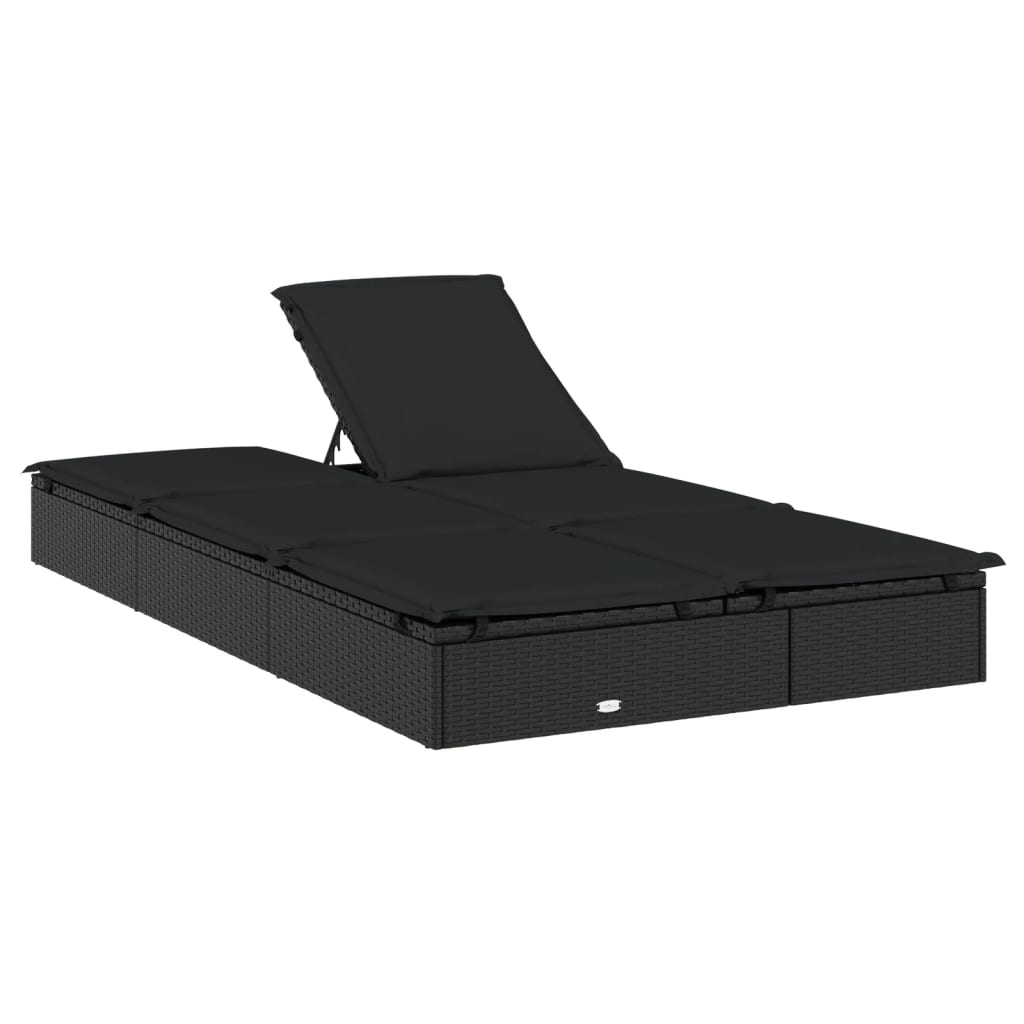 2-person sun lounger with cushions in black poly rattan