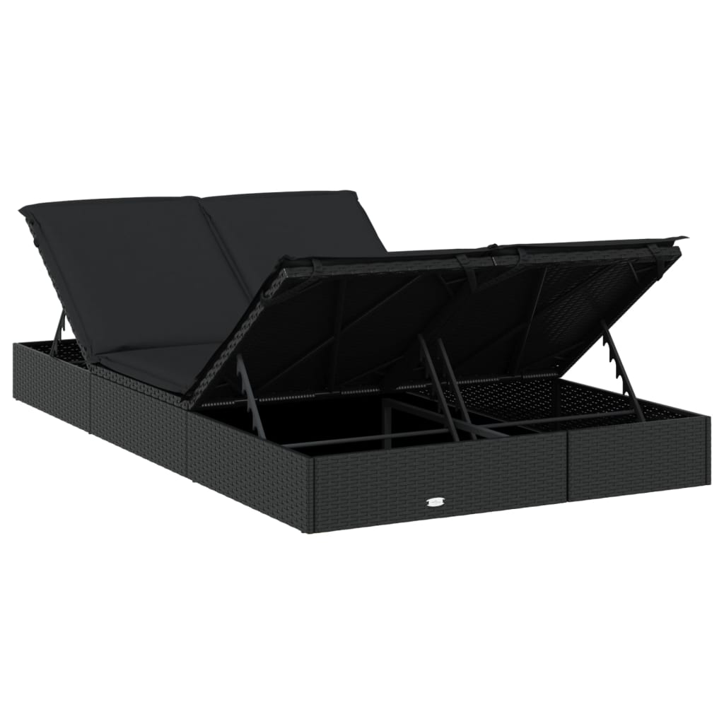 2-person sun lounger with cushions in black poly rattan