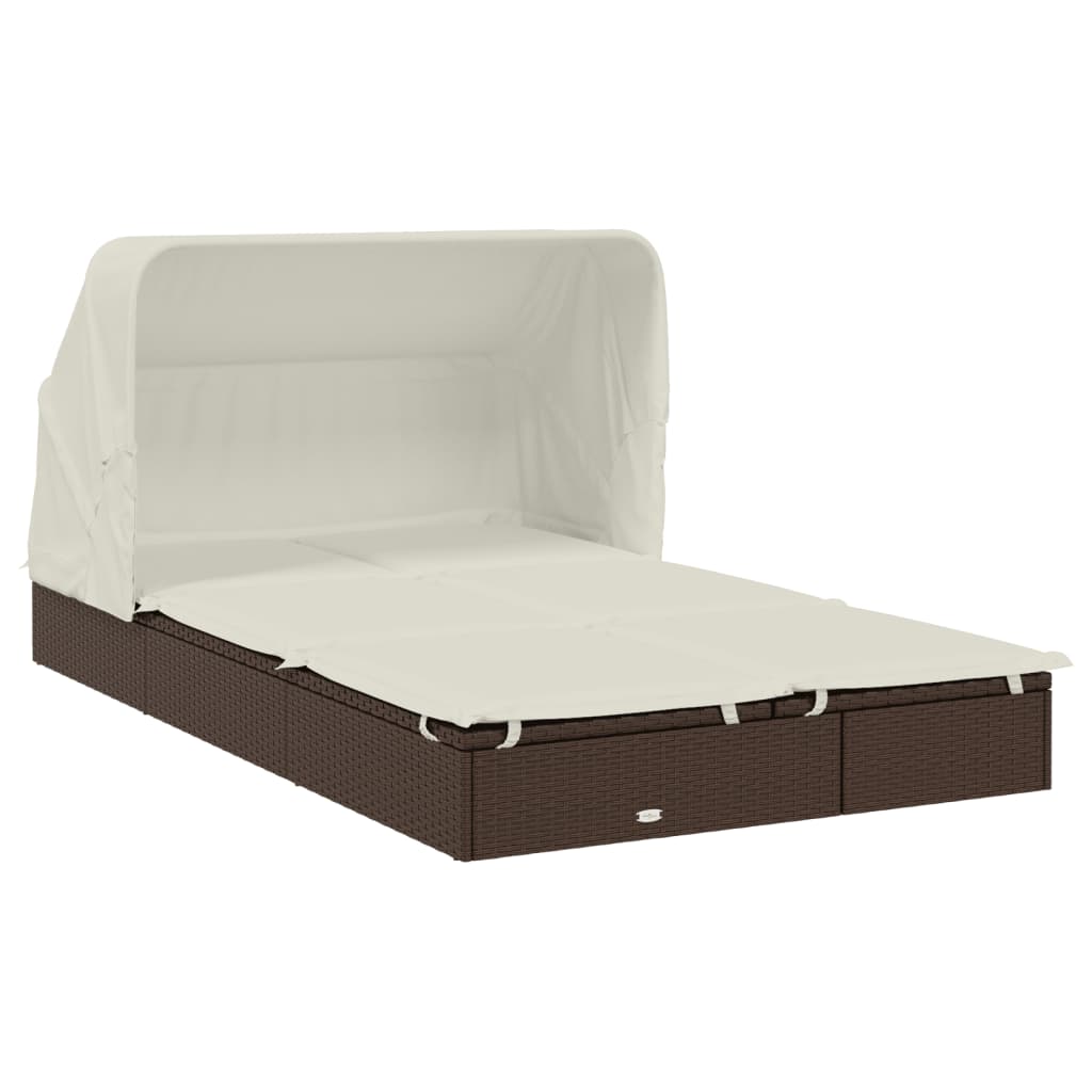 Sun lounger with folding roof for 2 people, brown PE wicker