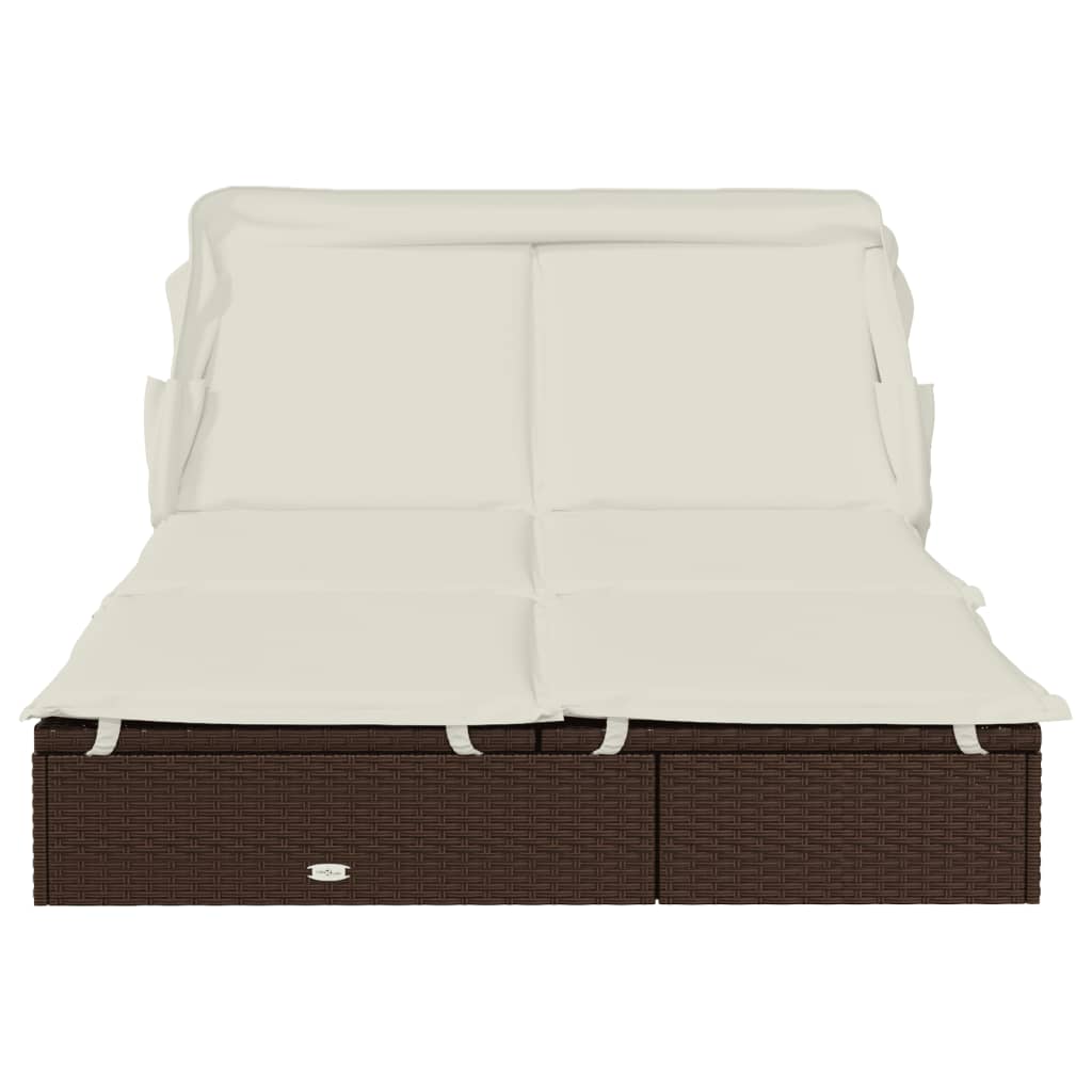 Sun lounger with folding roof for 2 people, brown PE wicker