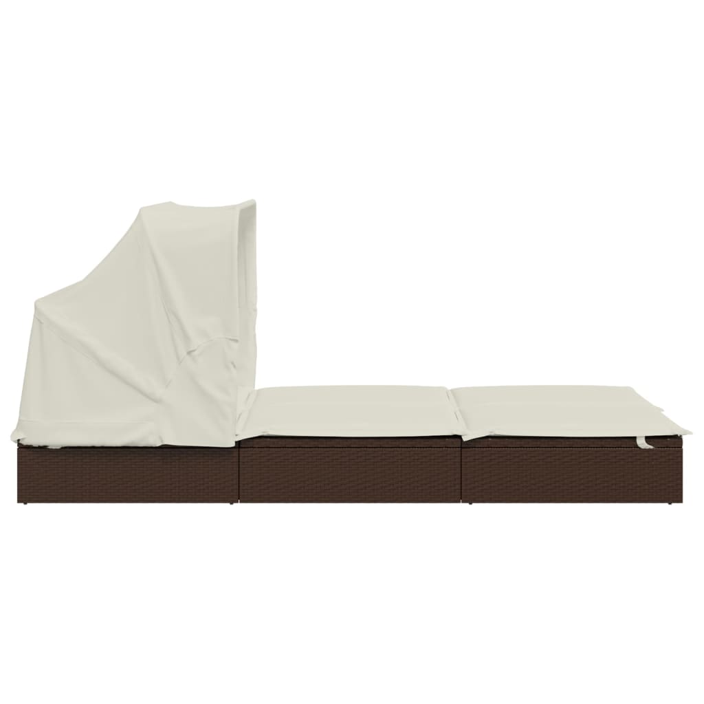 Sun lounger with folding roof for 2 people, brown PE wicker