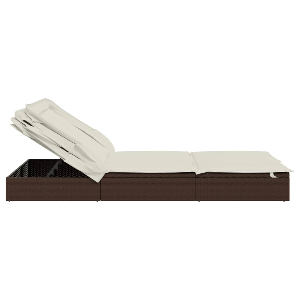 Sun lounger with folding roof for 2 people, brown PE wicker