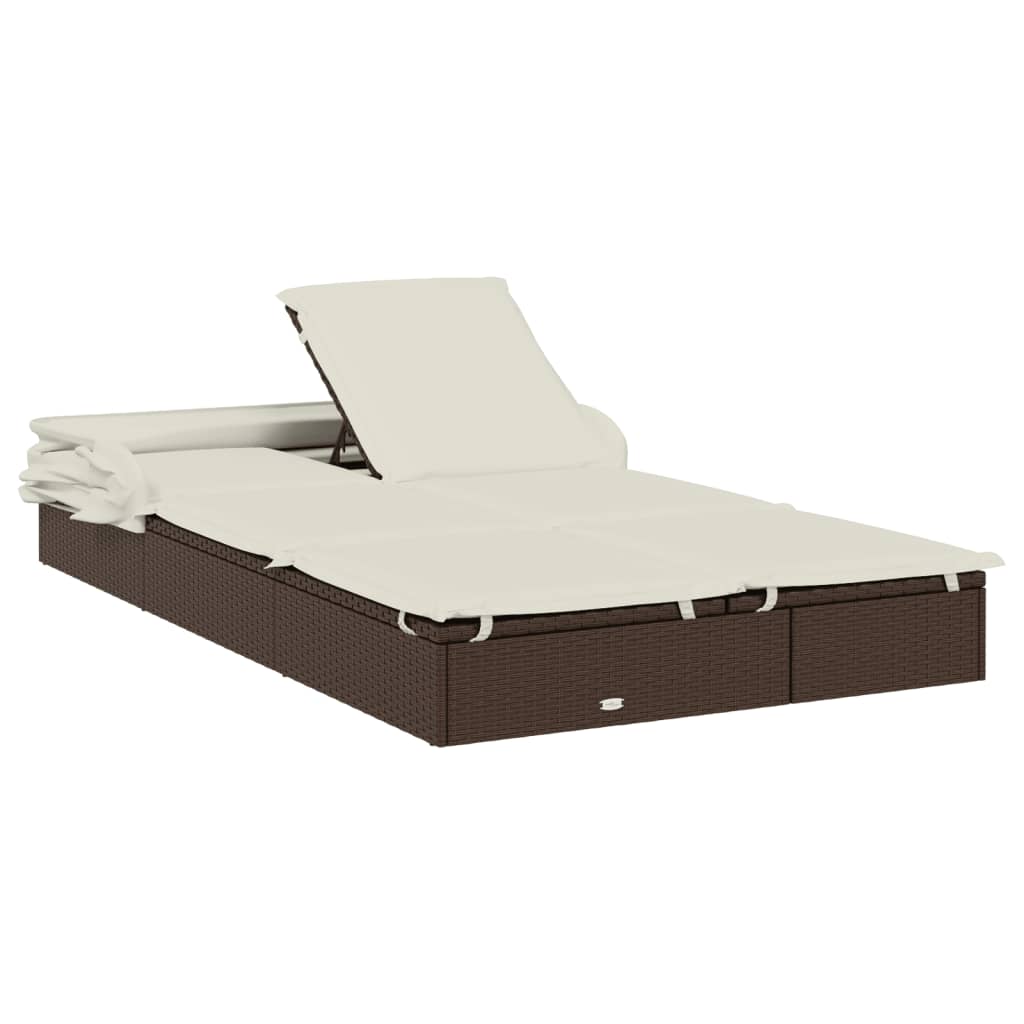 Sun lounger with folding roof for 2 people, brown PE wicker