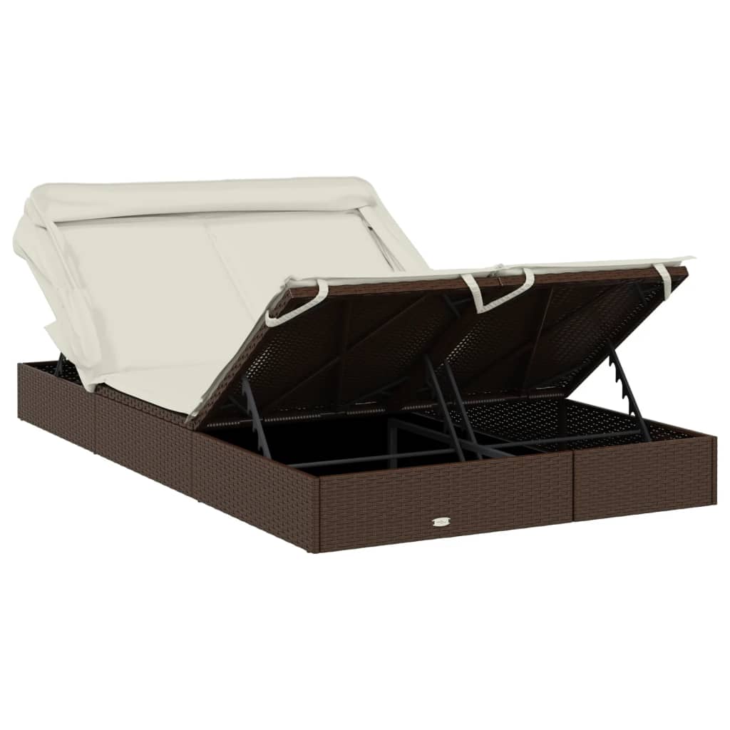 Sun lounger with folding roof for 2 people, brown PE wicker