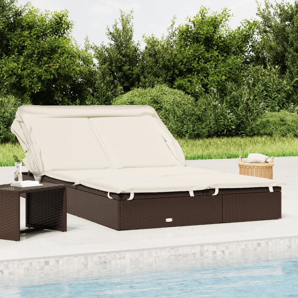 Sun lounger with folding roof for 2 people, brown PE wicker