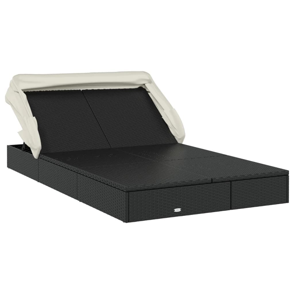 Sun lounger with folding roof for 2 people in black PE wicker