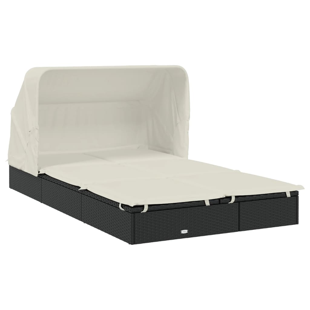 Sun lounger with folding roof for 2 people in black PE wicker