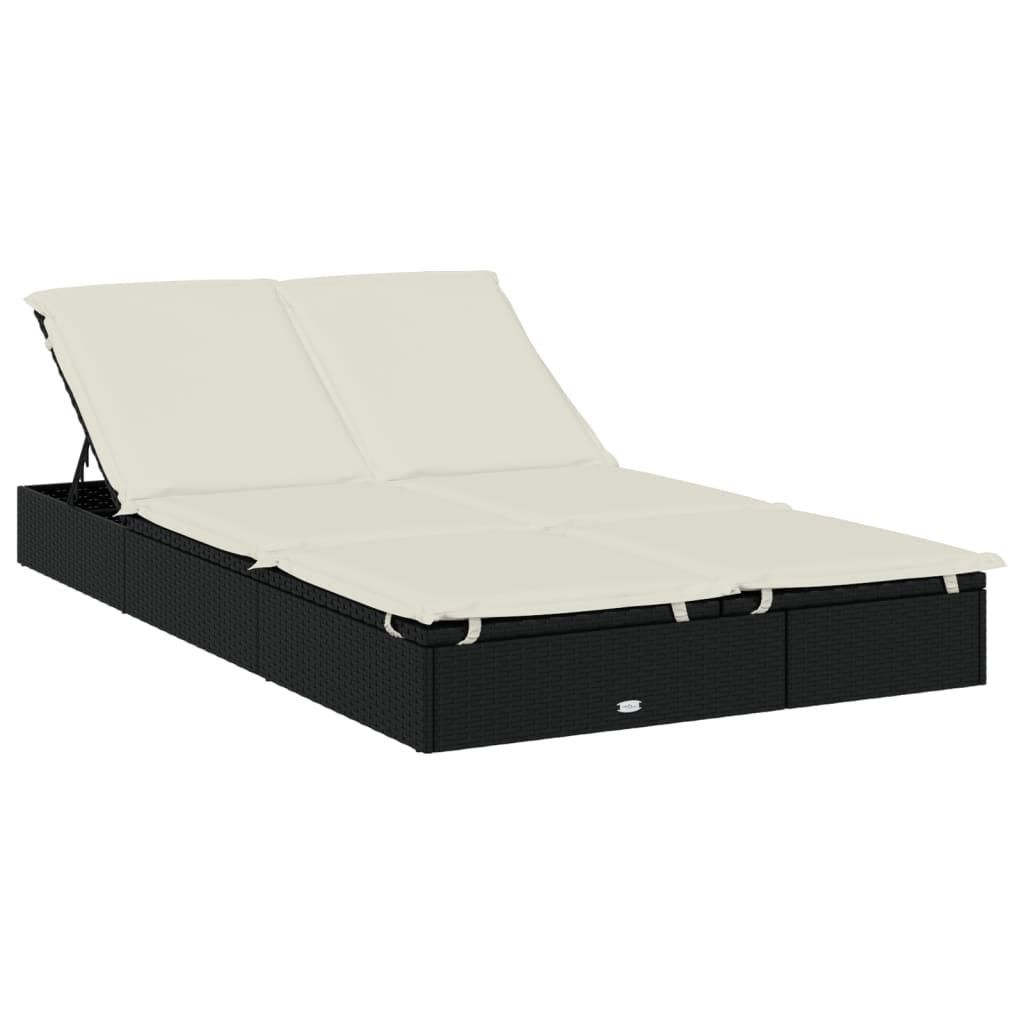 Sun lounger with folding roof for 2 people in black PE wicker