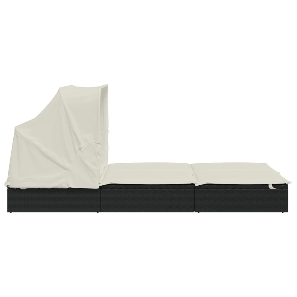 Sun lounger with folding roof for 2 people in black PE wicker