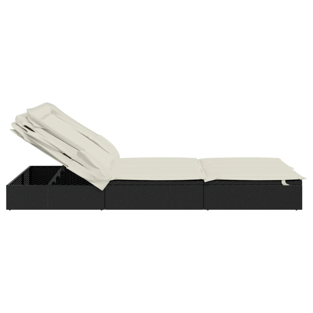 Sun lounger with folding roof for 2 people in black PE wicker