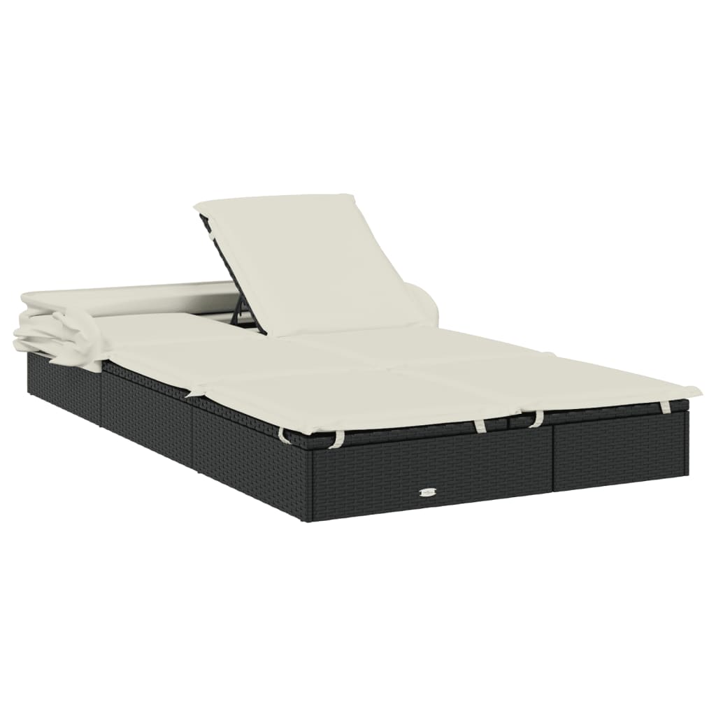 Sun lounger with folding roof for 2 people in black PE wicker