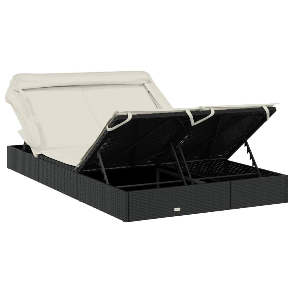 Sun lounger with folding roof for 2 people in black PE wicker