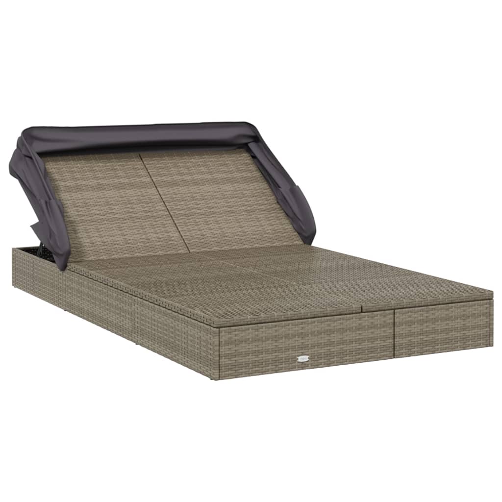 Sun lounger with folding roof for 2 people in grey poly wicker