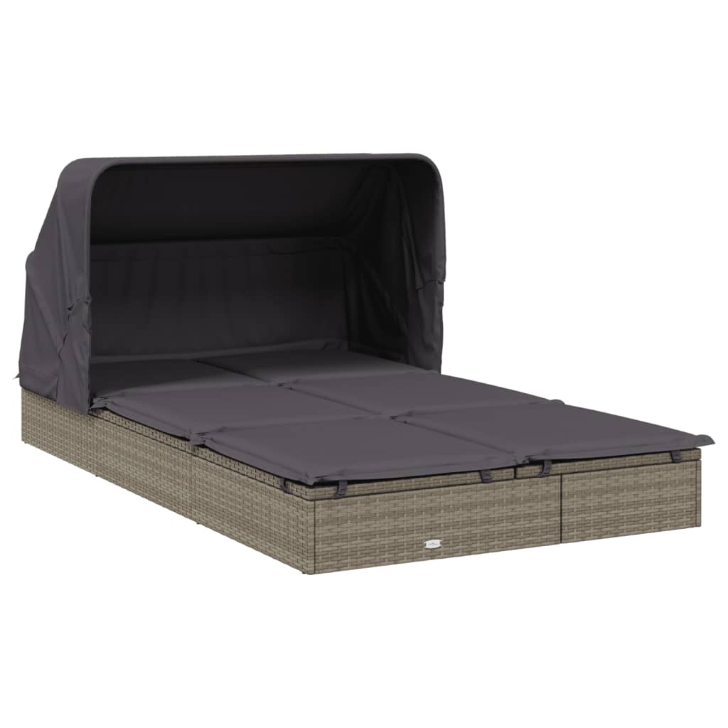 Sun lounger with folding roof for 2 people in grey poly wicker