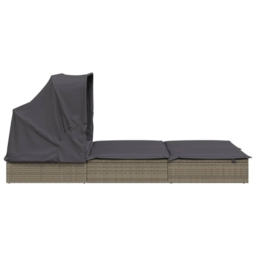 Sun lounger with folding roof for 2 people in grey poly wicker