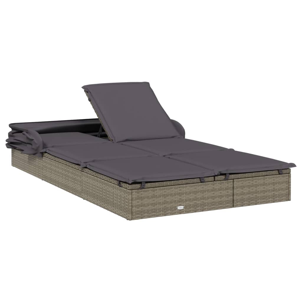 Sun lounger with folding roof for 2 people in grey poly wicker