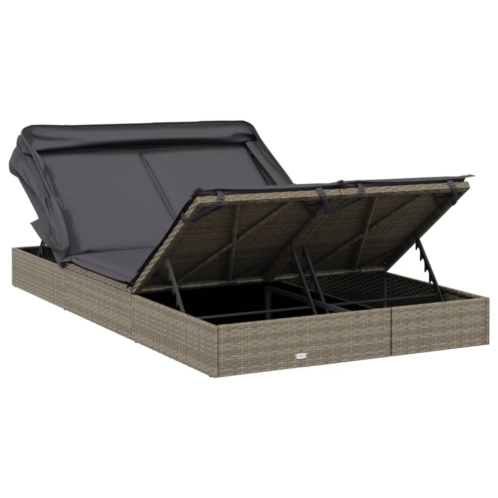 Sun lounger with folding roof for 2 people in grey poly wicker