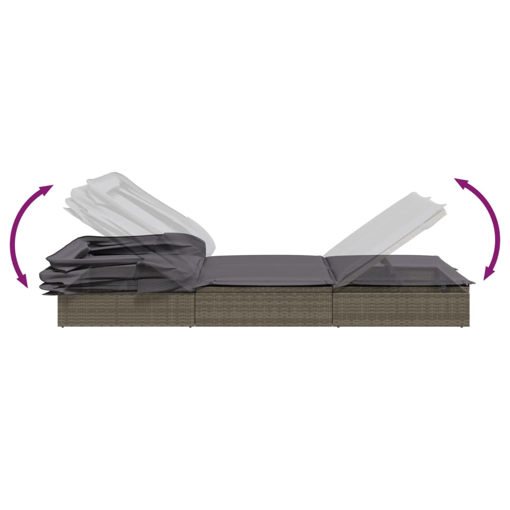 Sun lounger with folding roof for 2 people in grey poly wicker