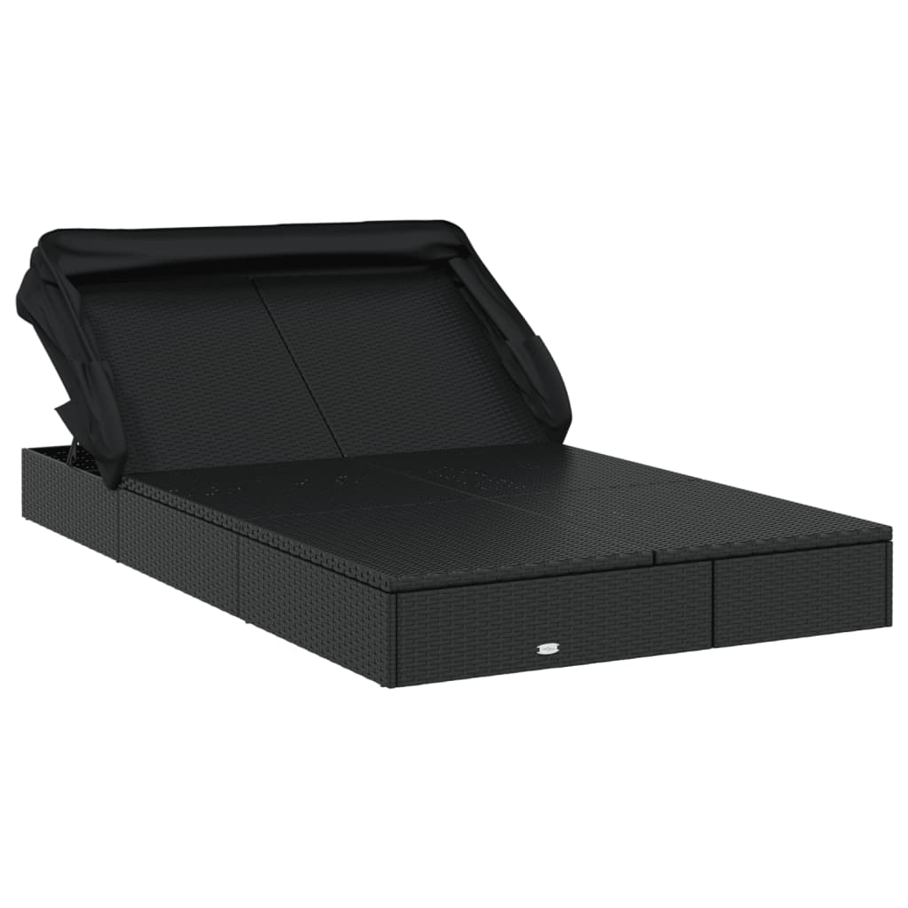 Sun lounger with folding roof for 2 people in black PE wicker
