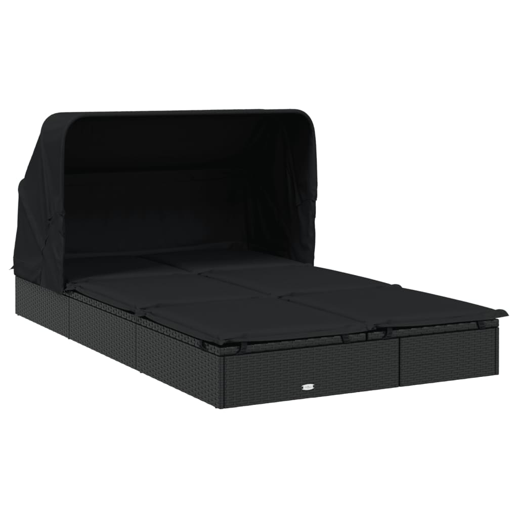 Sun lounger with folding roof for 2 people in black PE wicker